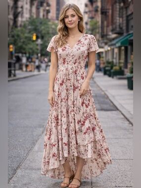 Patrons of Peace Floral V-Neck Maxi Dress in Blush Pink